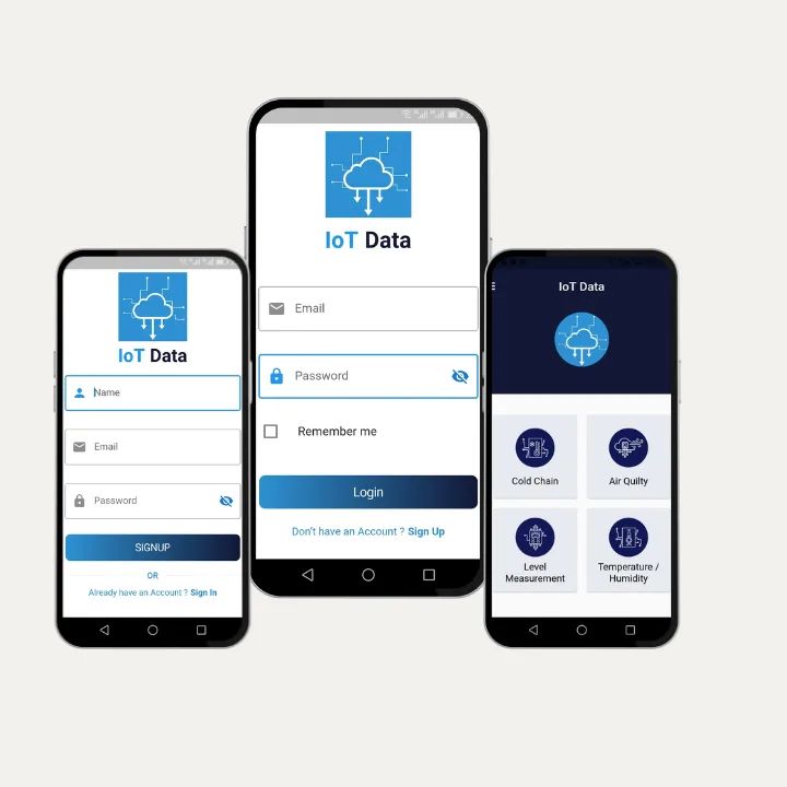 IoT Data mobile app login and sensor dashboard screens