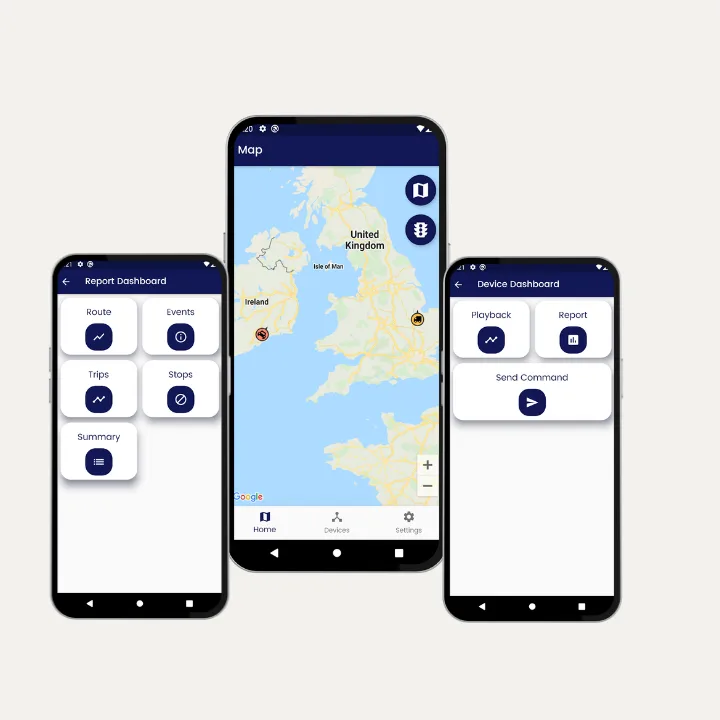Vehicle tracking mobile app showing live vehicle locations on a UK map
