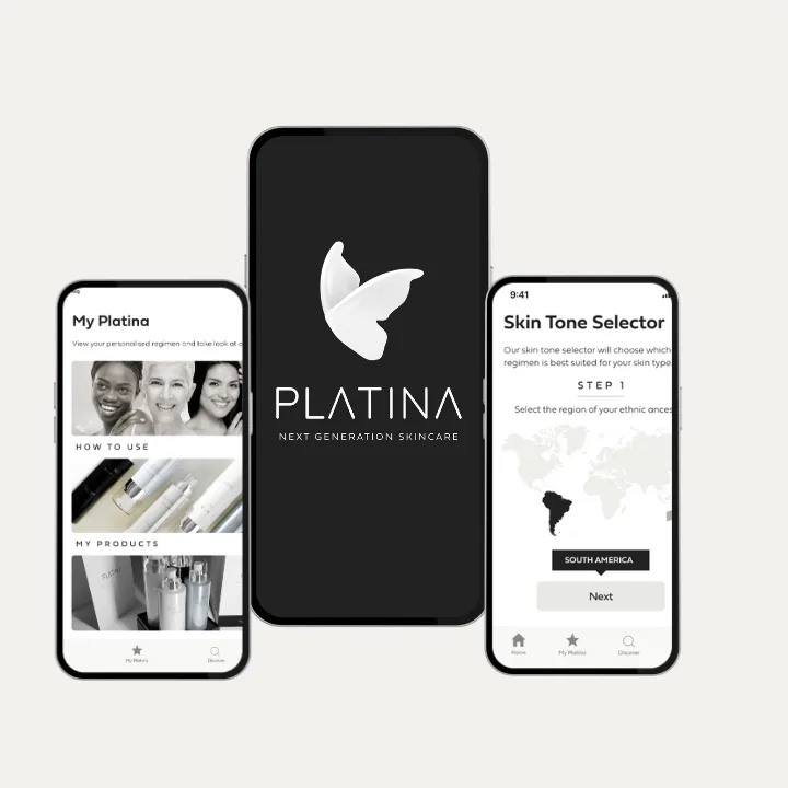 Platina beauty mobile app screens including a skin tone selector