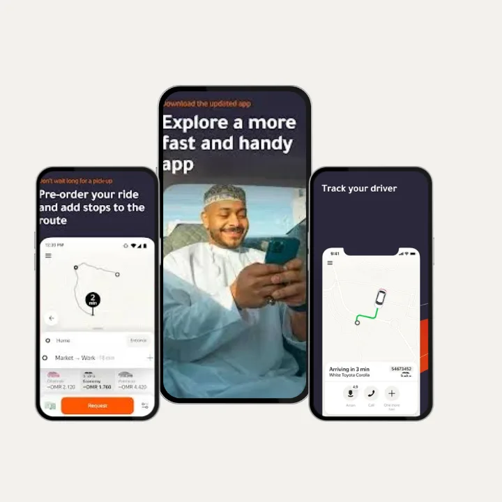 Ride-hailing mobile app screens for booking a ride and tracking the driver